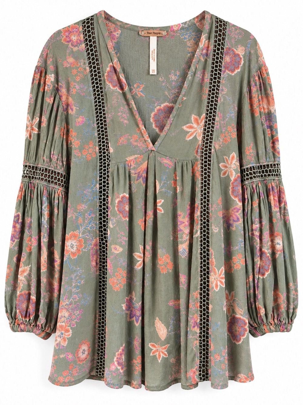 Free People Sage Green Floral Gauzy Rayon Boho Tunic
